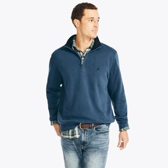 Nautica Men’s Large Navy Blue Pullover Sweatshirt 1/4 Zip Fall Warm Cozy Comfy - Picture 1 of 11